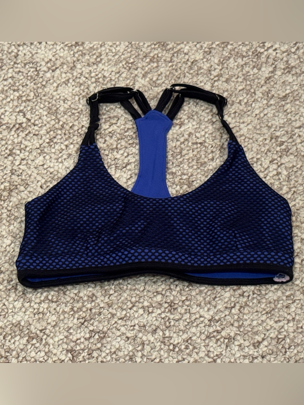 Bombshell Sportswear Mesh Blue Black Tickleback Braid Sports Bra RARE Medium